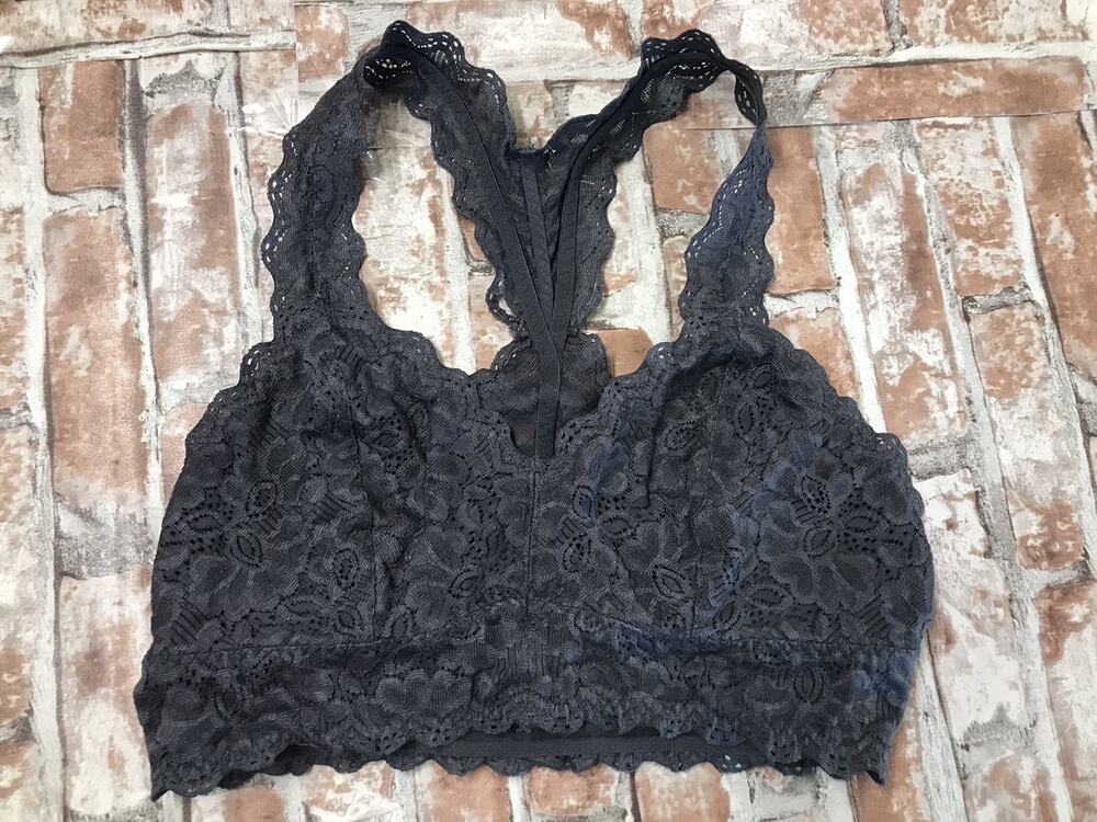 Felina Womens Wirefree Wireless Lace Bralette Gray Shimmers Sz Medium